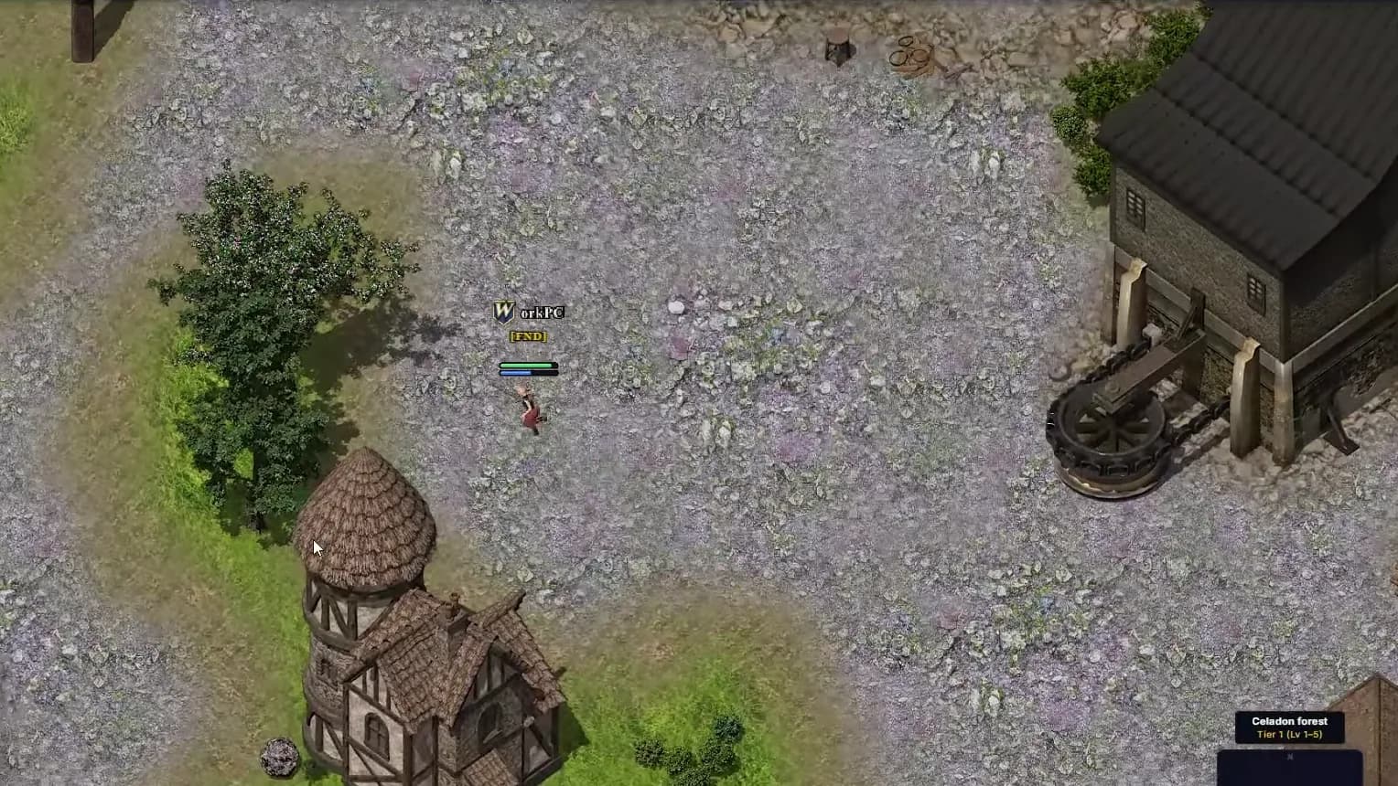 A player character walking through an isometric fantasy village with a thatched tower house and a watermill