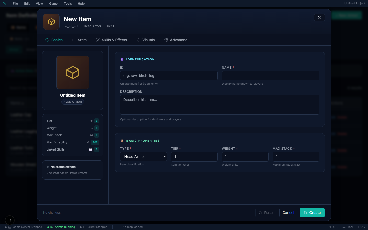 Item editor — Basics tab with identification, type, tier, weight, stack size, and live item summary