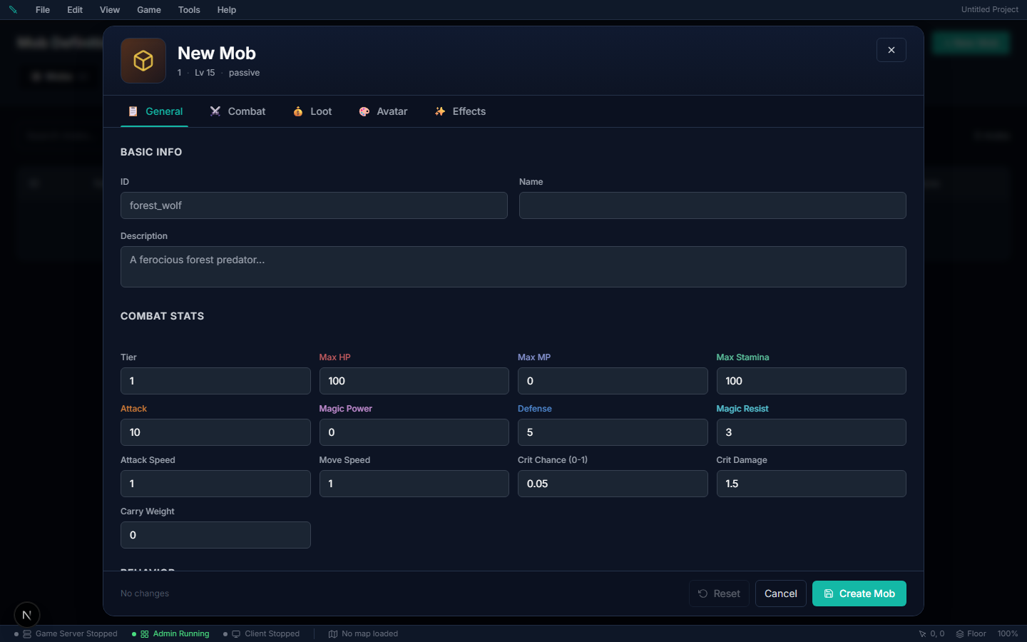 Mob editor — General tab with basic info, combat stats, and tabs for Combat, Loot, Avatar, and Effects