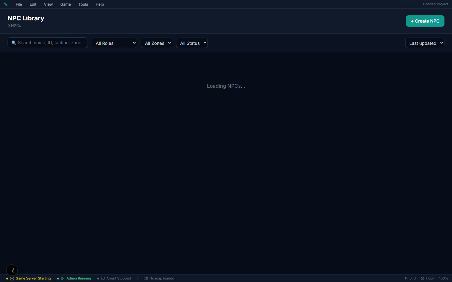 NPC editor modal — Identity, Visuals, World Placement, Behavior, Dialogue Defaults, Quest Integration, Light Emission, and Metadata tabs