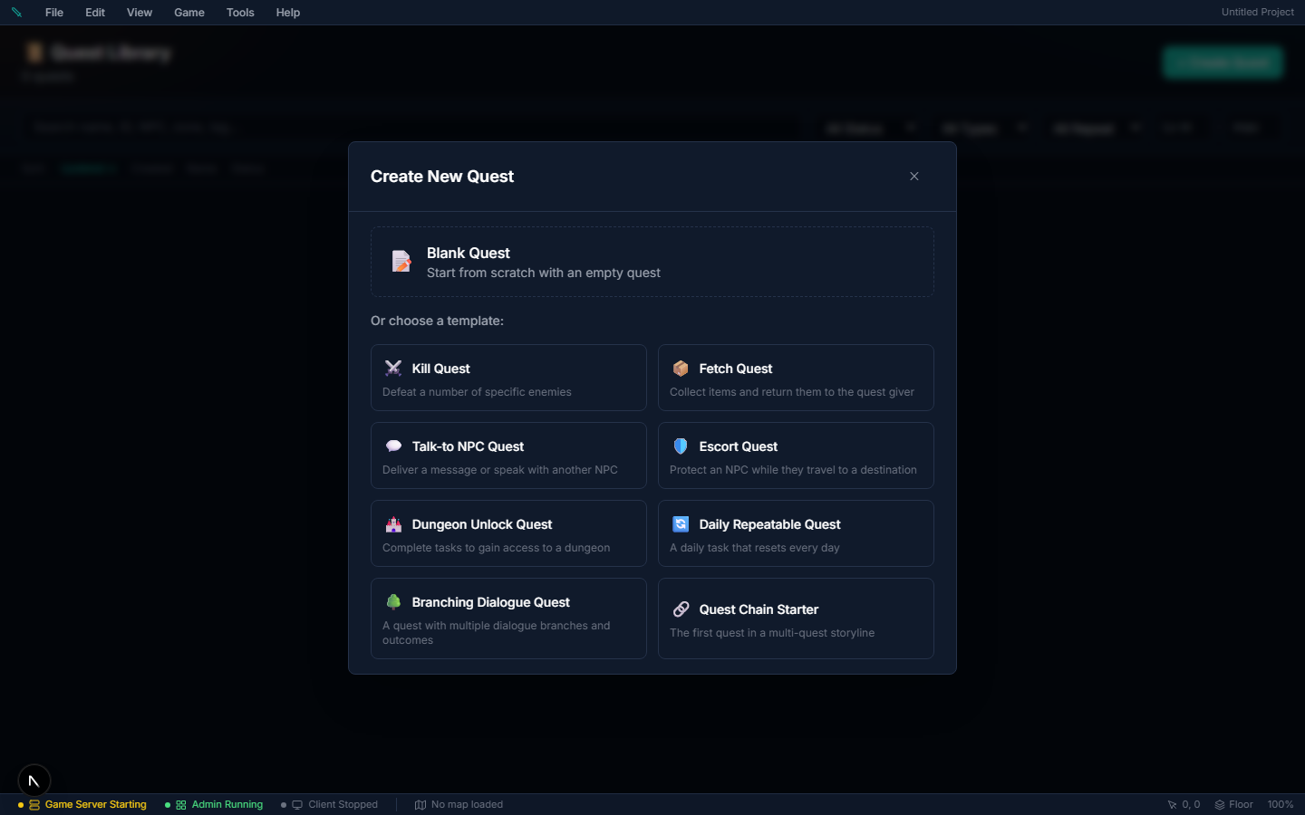 Quest templates — Create New Quest modal with blank, kill, fetch, dialogue, escort, dungeon, daily, branching, and chain templates