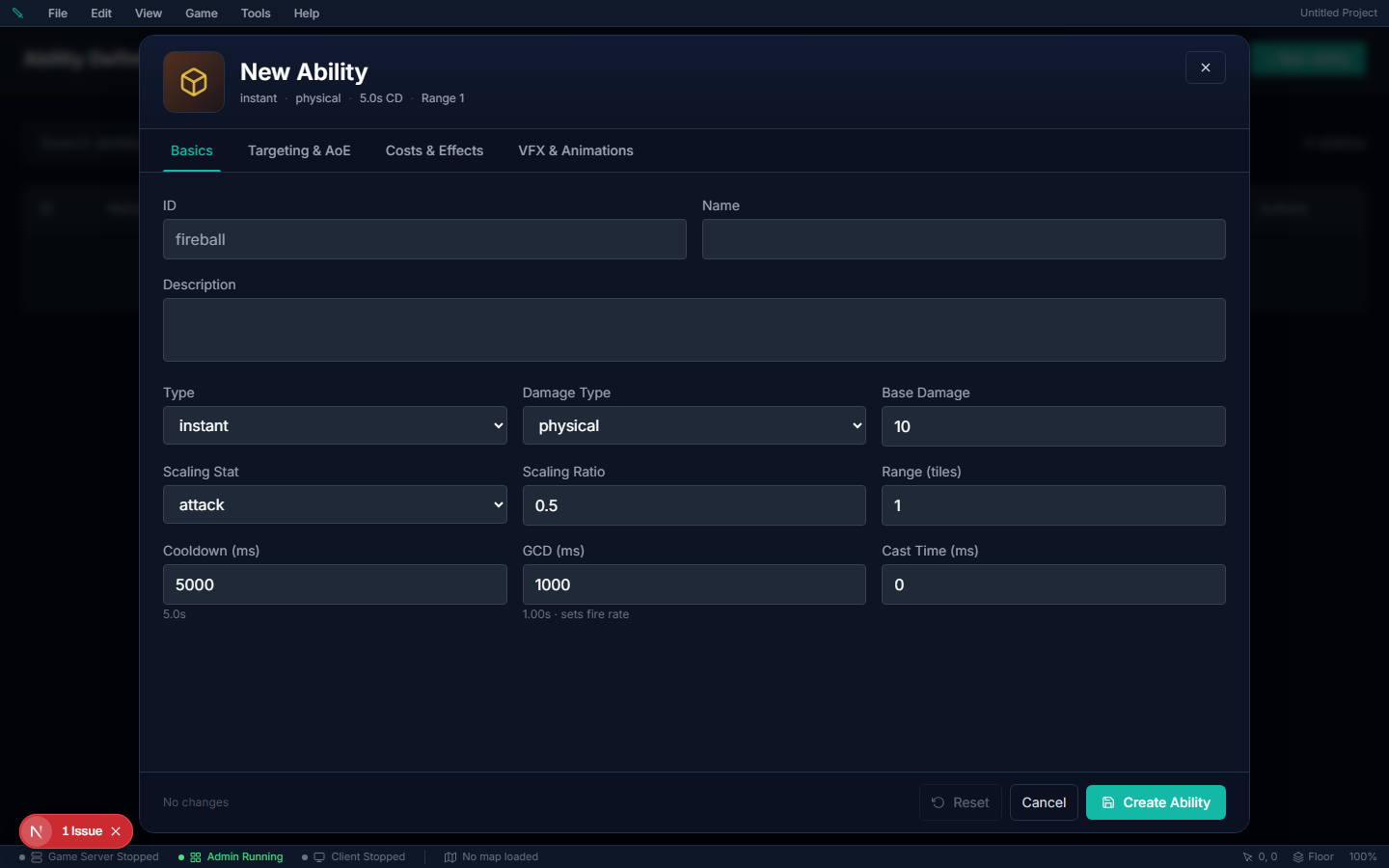 Ability editor — New Ability form for cooldowns, costs, damage type, targeting, scaling, and visuals