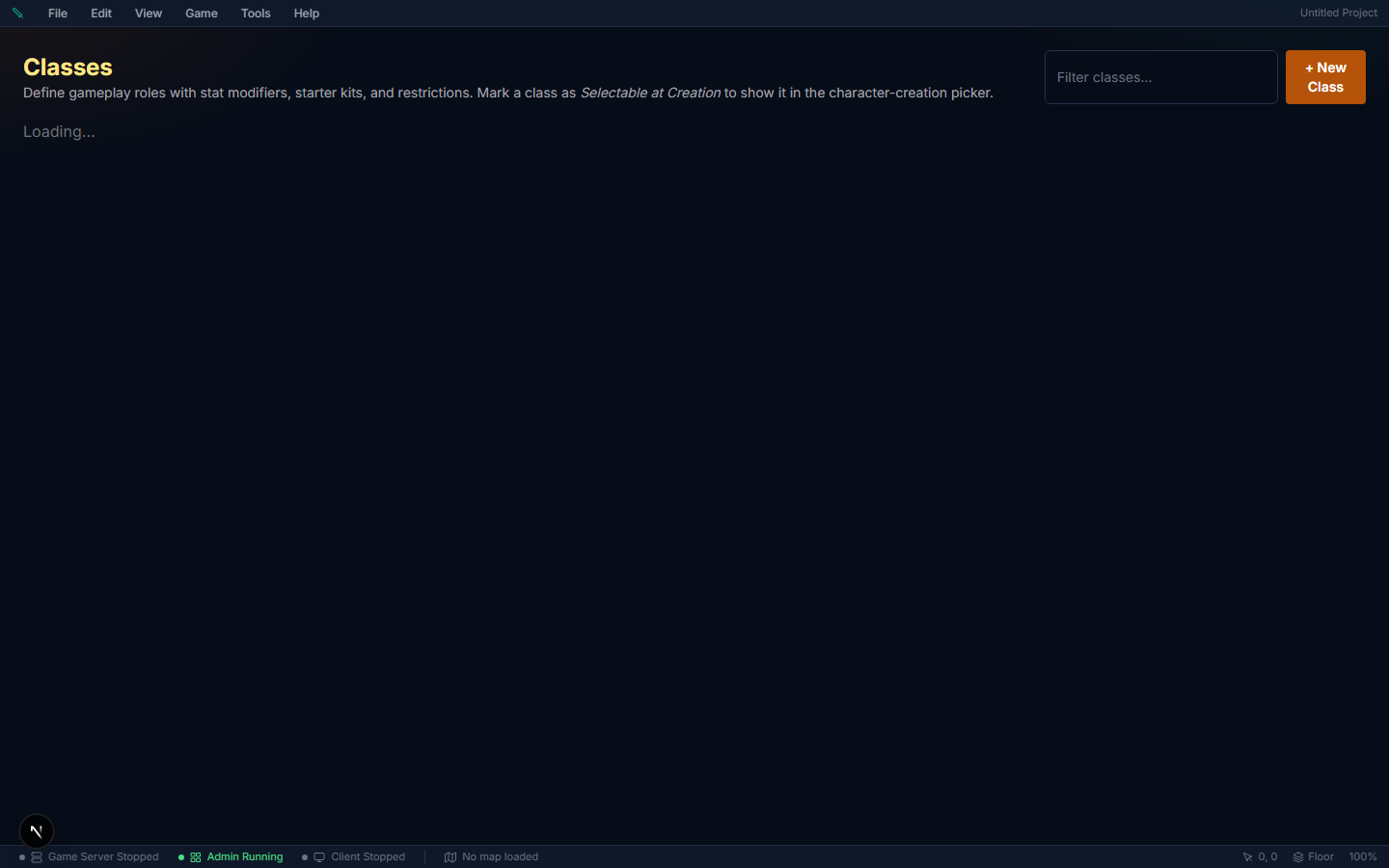 Classes list — all character class definitions with sidebar navigation across all content types