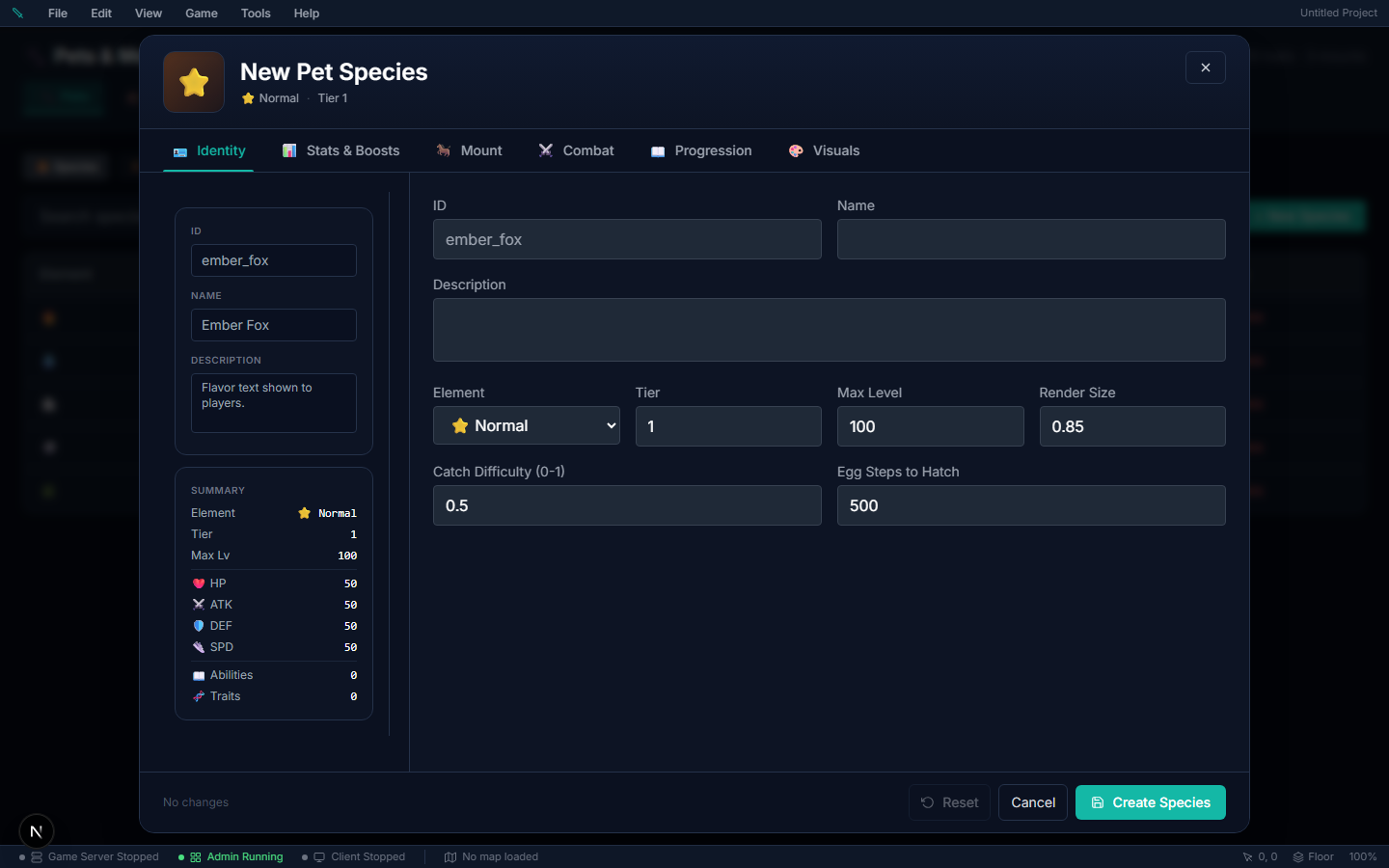 Pet species editor — Identity tab with species summary, element, tier, catch difficulty, hatch steps, and progression tabs