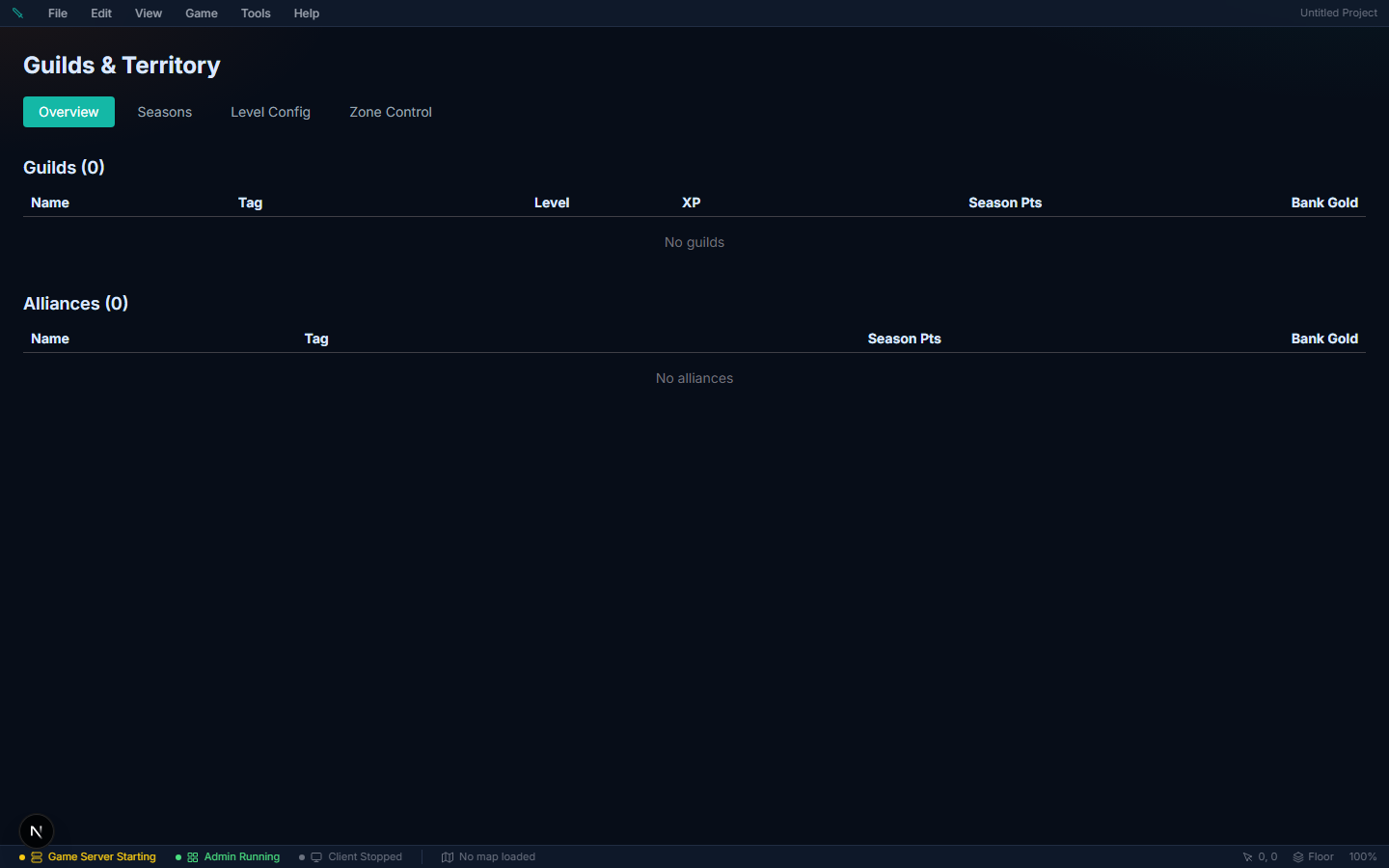 Guilds page — guild management list for social systems, guild membership, and territory control