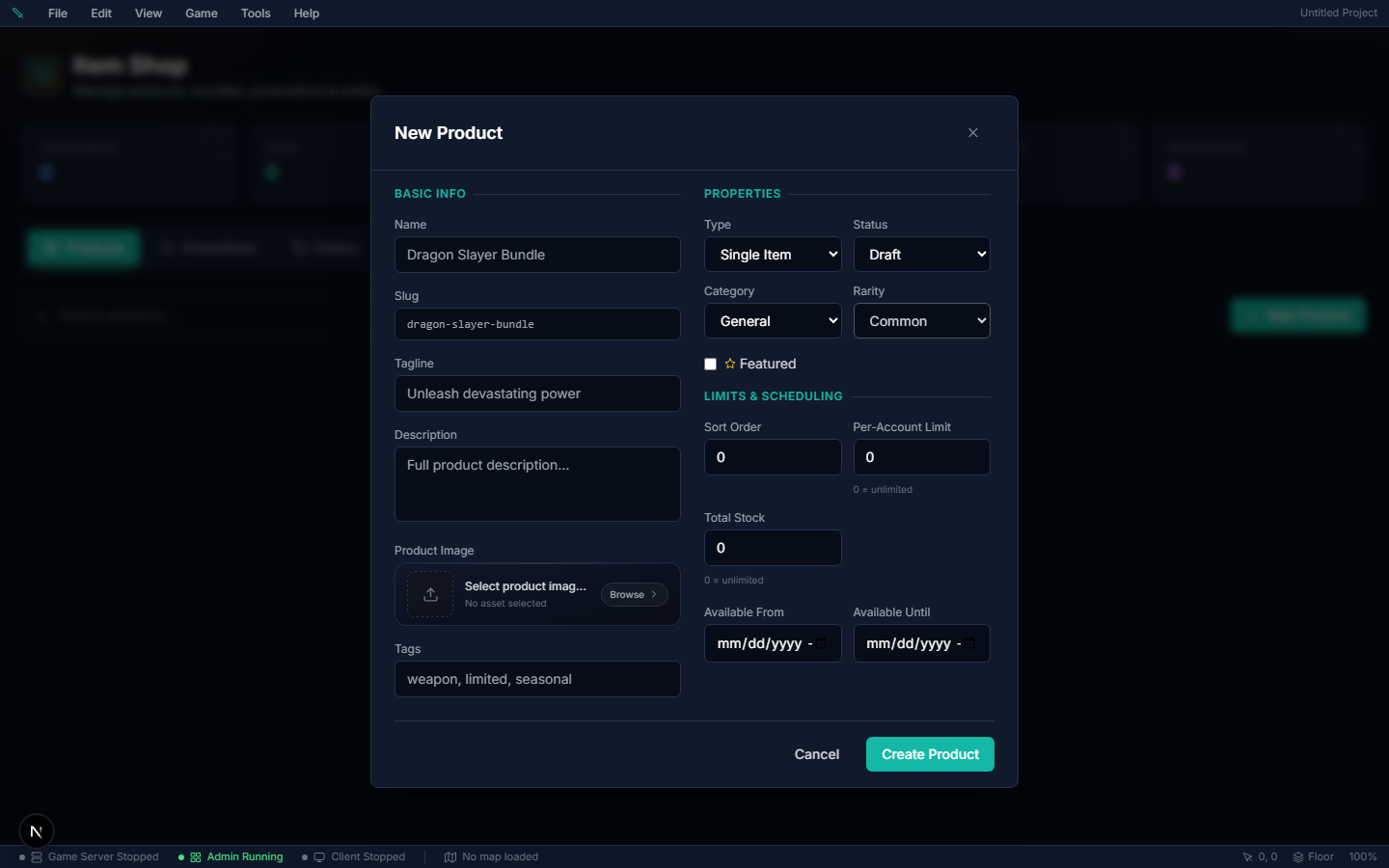 Shop product editor — New Product modal with product image, category, rarity, stock, scheduling, and purchase limits