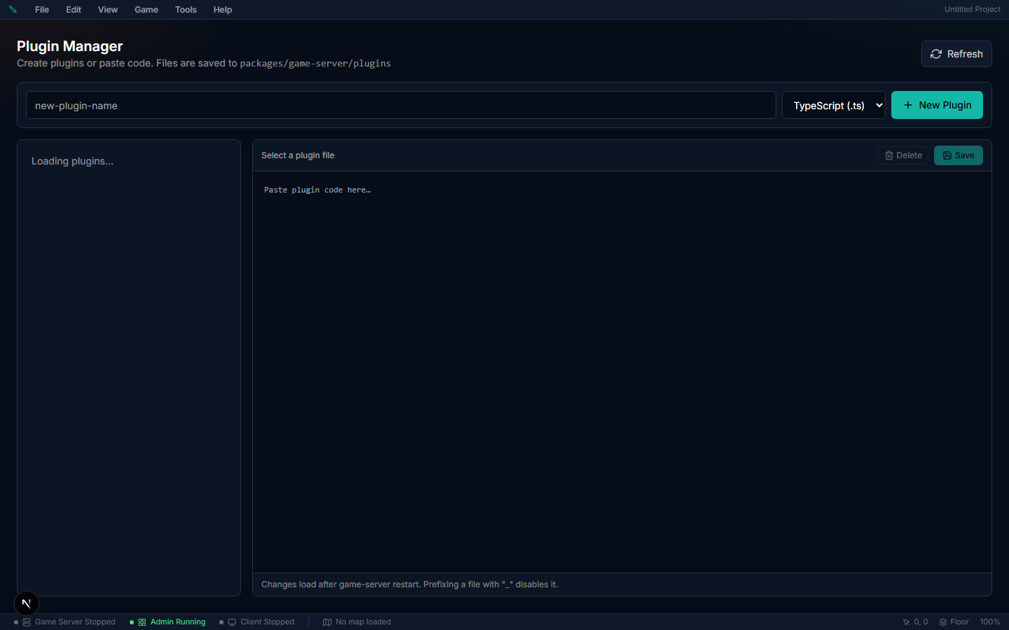 Plugin Manager — Plugin list with enable/disable toggles and Add New for server/client plugins