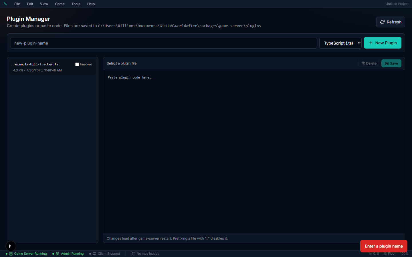 Plugin editor — API reference examples correspond to the server/client plugin files managed in Studio
