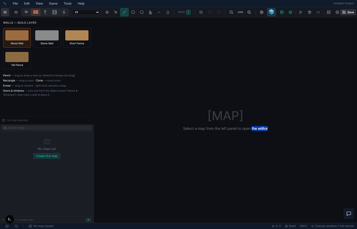 The Walls build layer — material palette (Wood Wall, Stone Wall, Short/Tall Fence), the F1 floor selector, and the Pencil/Rectangle/Circle/Eraser tools