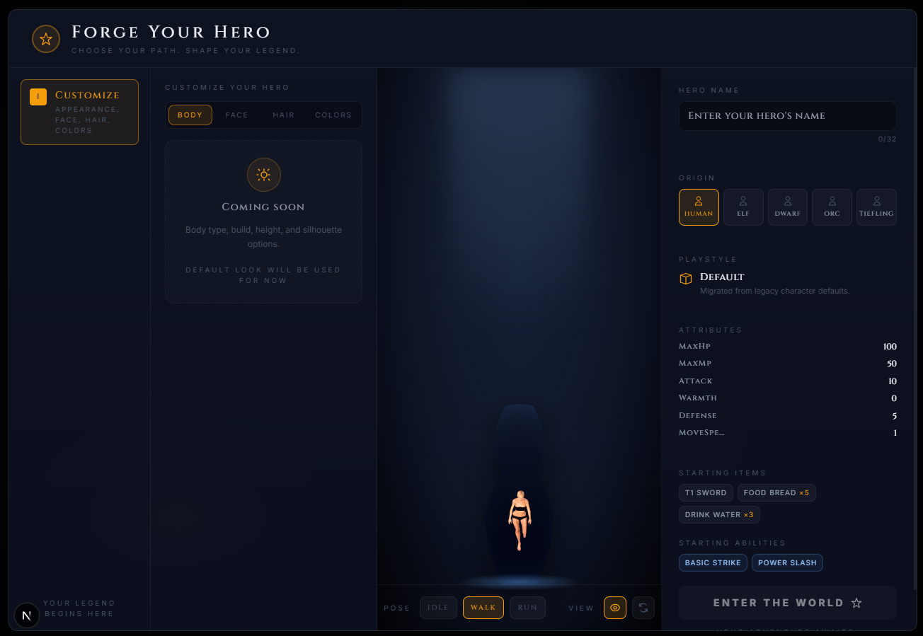 Game client — Forge Your Hero — customize body, face, hair, and colors, then choose origin and starting attributes