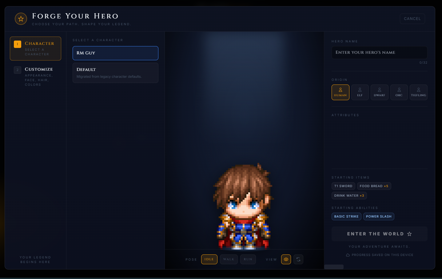 Game client — Select your hero before entering the world; supports imported RPG Maker characters