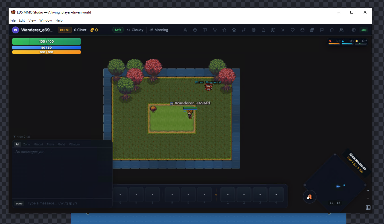 ED5 client running inside Studio — isometric world, HUD bars, hotbar, currency, weather, chat, and minimap