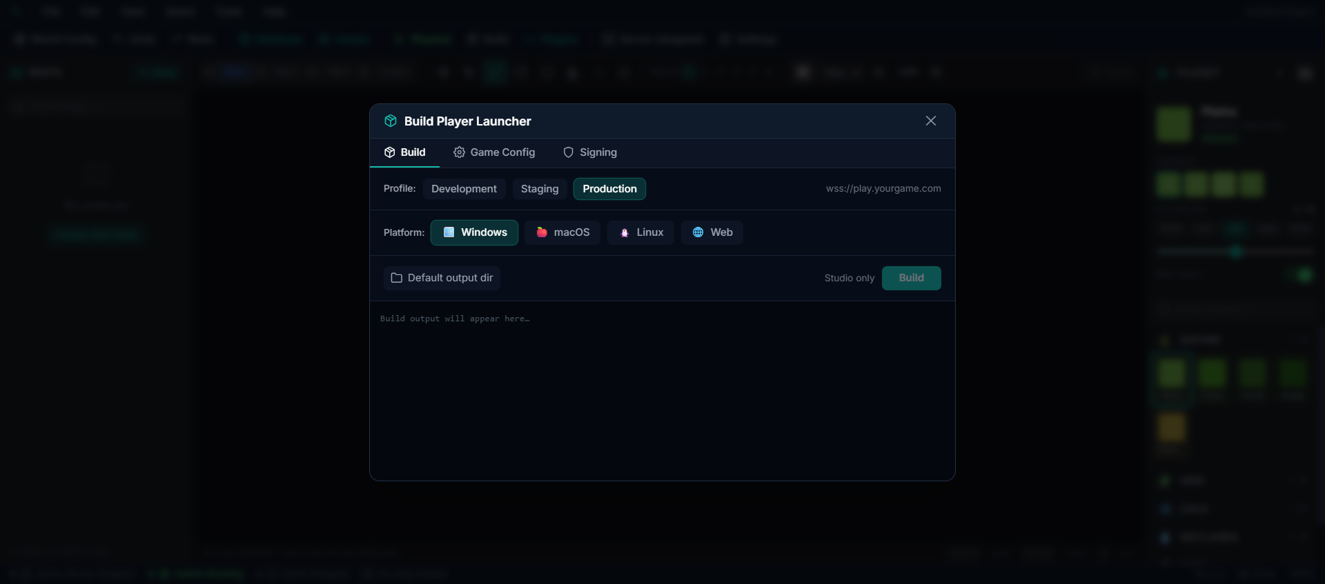 Build modal — Build Player Launcher with platform selection and deployment profiles