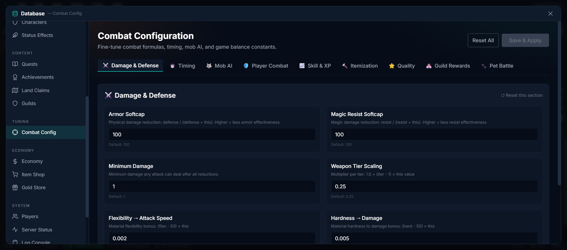 Combat Config — Damage formulas, timing, mob AI, and balance tuning