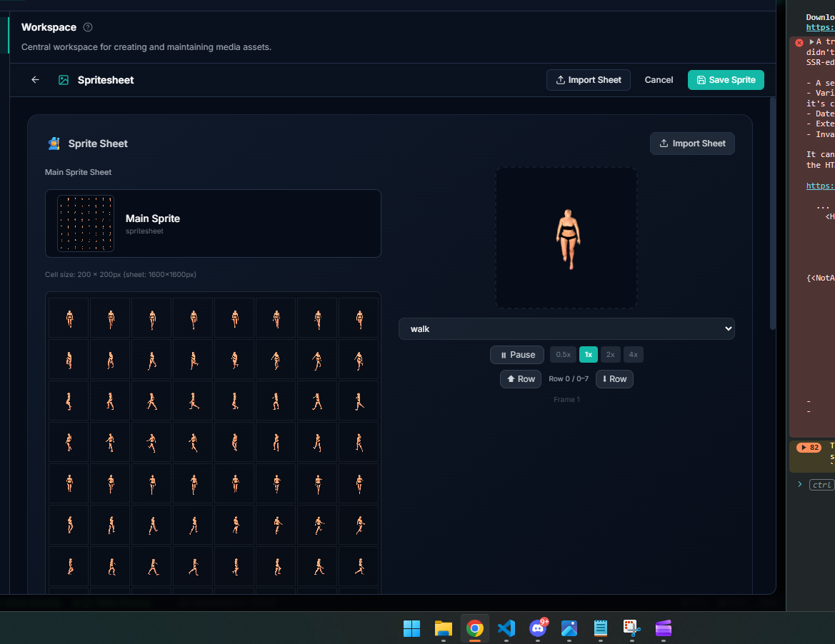 Sprite Sheet workspace — walk animation preview with frame grid; central hub for creating and managing media assets