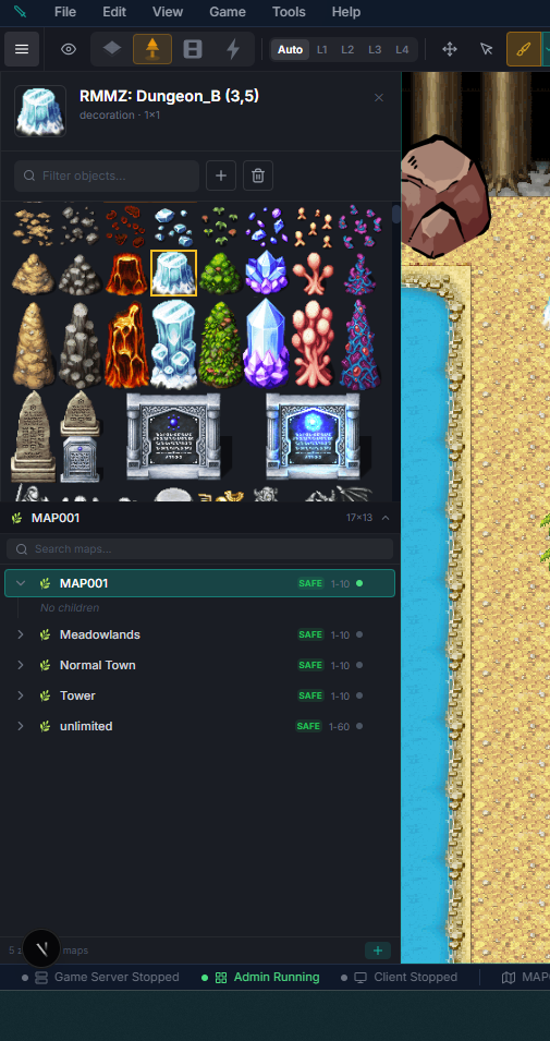 Tileset palette — biome categories with floor tiles, autotiles, and object sheets