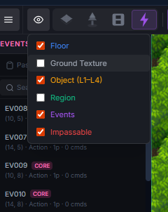 Layer visibility toggle — per-layer eye icons hide and show floor, objects, and events independently