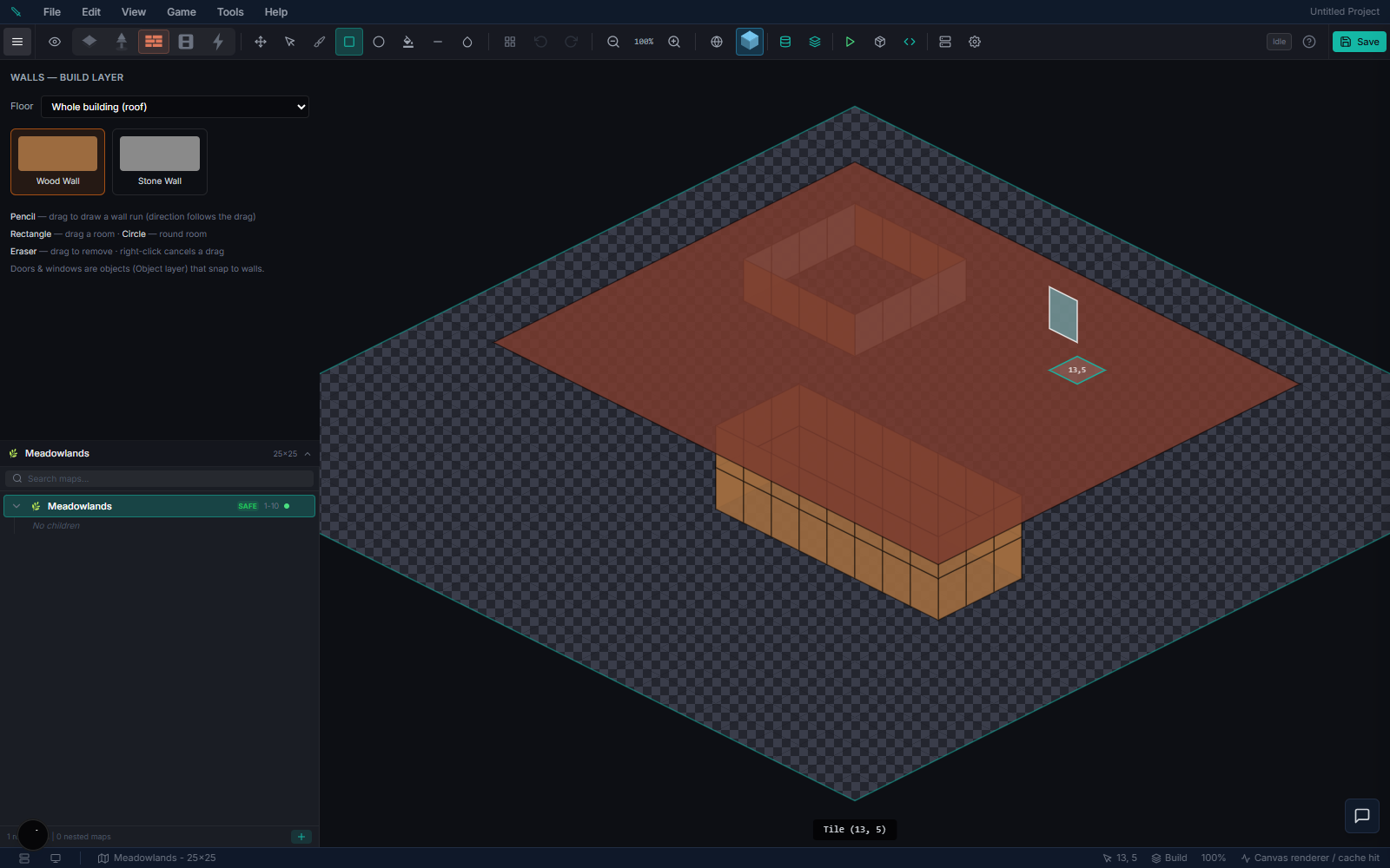 Map Editor building view — a multi-room structure with walls, a door, and the whole-building roof preview