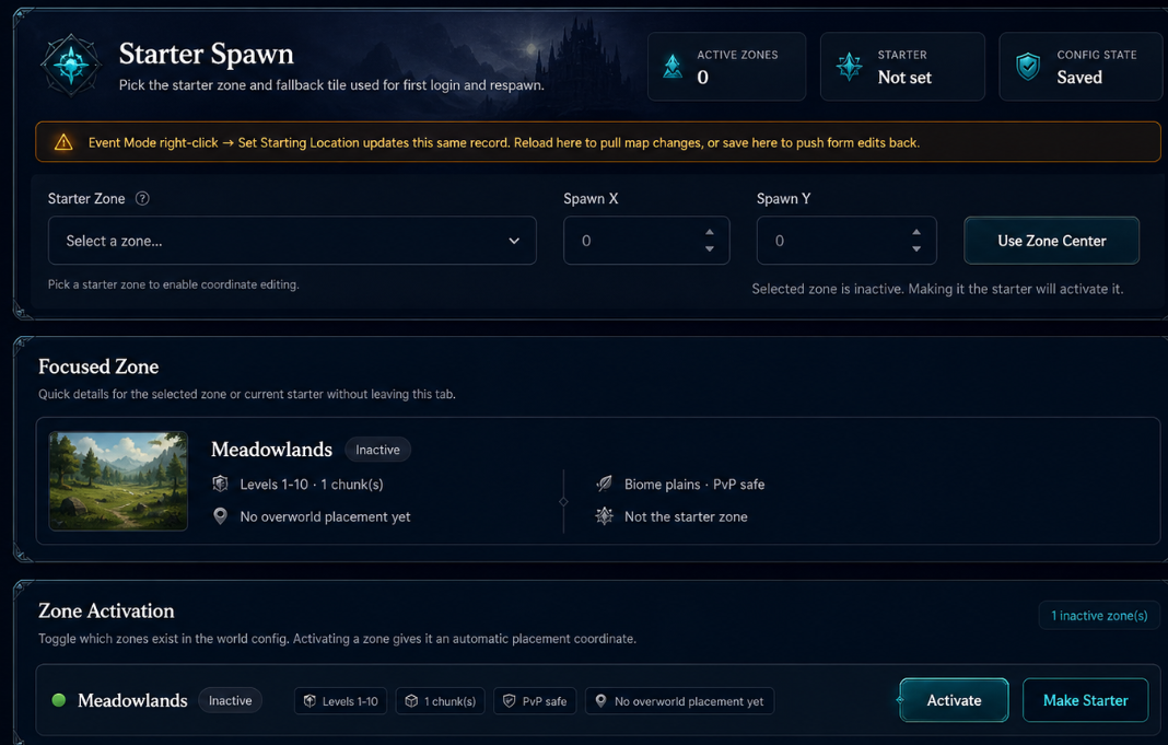 World Config — Starter Spawn tab: select the starter zone, X/Y coordinates, and activate the zone for new players