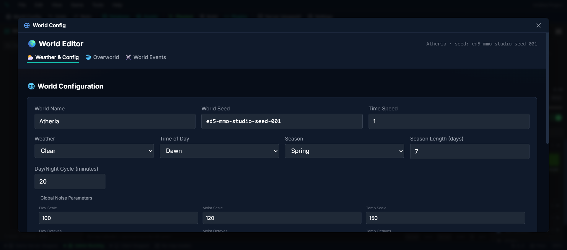 World Config modal — World name, seed, weather, season, and noise parameters