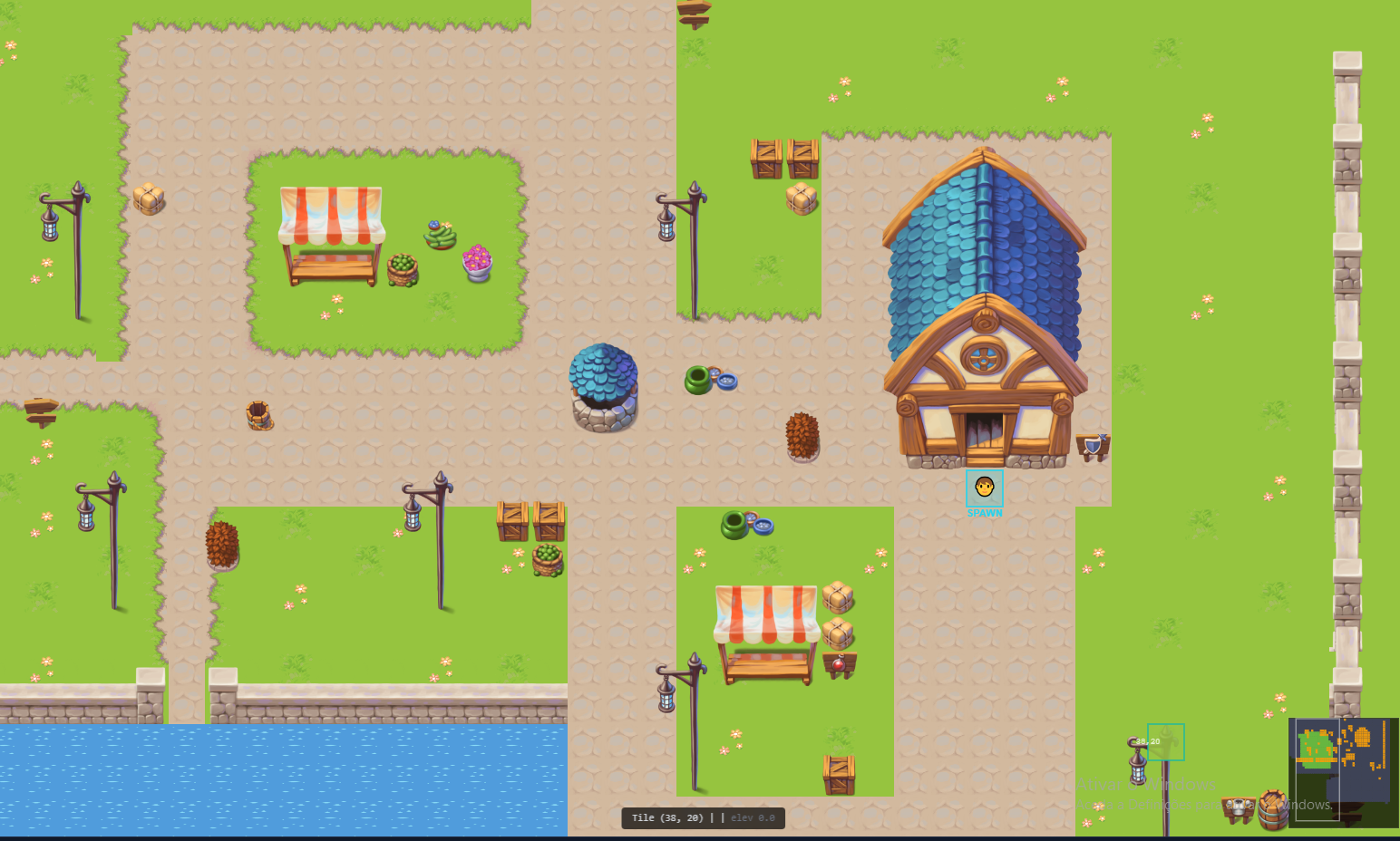 Painted starter-town map — roads, props, waterfront edge, spawn point, and minimap preview after blocking out your first zone